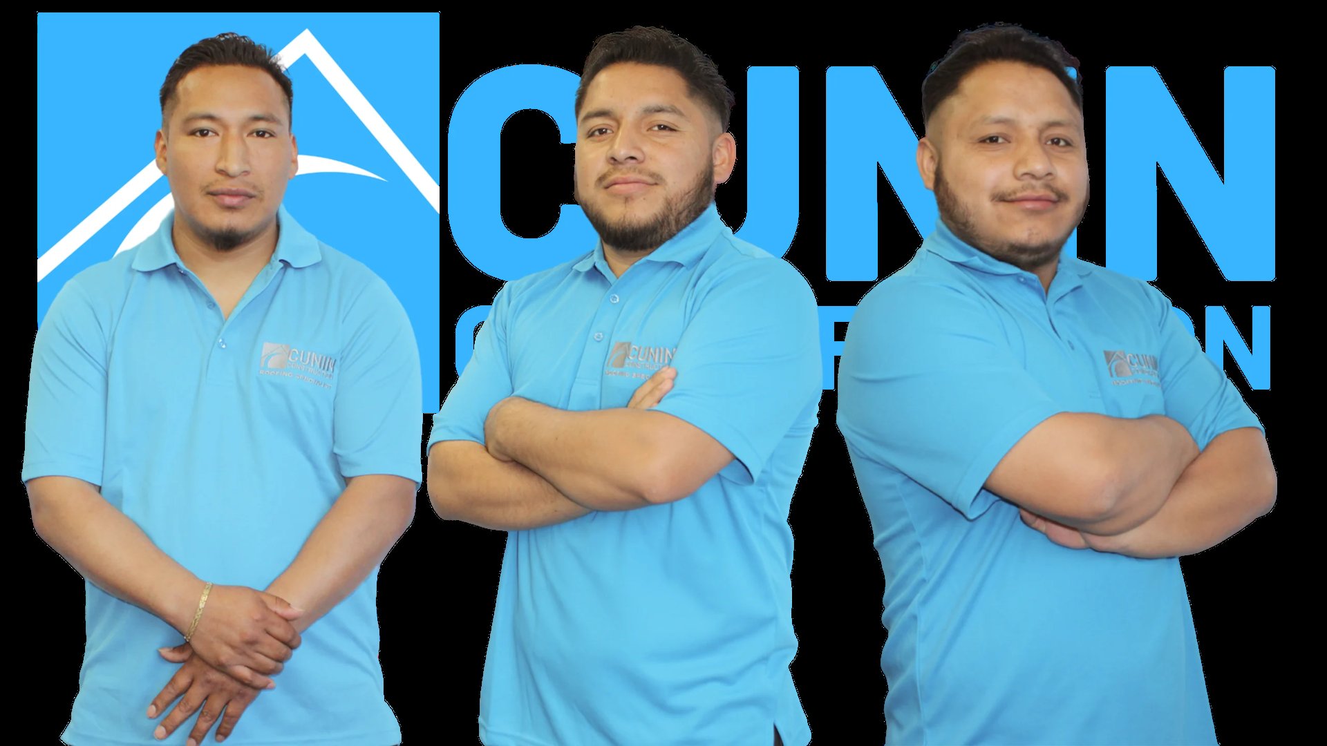 Three men in light blue polo shirts pose together with arms crossed against a blue background with partial text visible